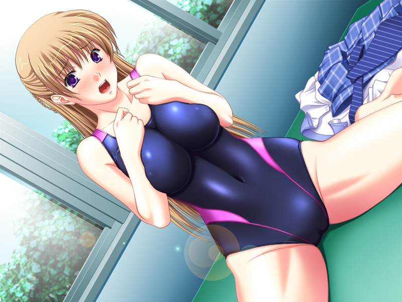 1girl aizawa_nao barefoot blonde_hair blush breast_press breasts collarbone competition_swimsuit female gakuen_seikatsu_no_shiori game_cg indoors long_hair looking_at_viewer morning_(company) navel one-piece_swimsuit open_mouth sakanaya_gure sitting solo sparkle sunbeam swimsuit violet_eyes
