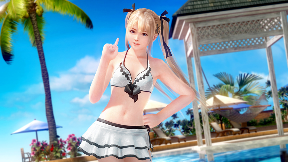1girl 3d bikini blonde_hair blue_eyes dead_or_alive dead_or_alive_xtreme_3_fortune finger_up looking_at_viewer marie_rose navel outdoors palm_tree pool ribbon sky smile solo swimsuit tree white_bikini