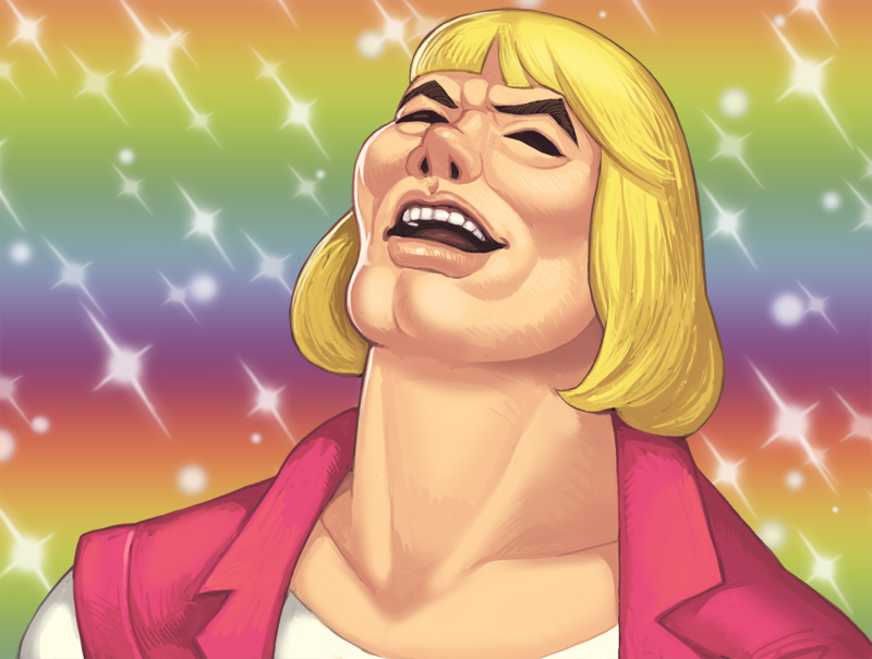 1boy bangs blonde_hair blunt_bangs closed_eyes collarbone eyebrows he-man heaven_condition lips male_focus maou_alba masters_of_the_universe meme nose open_mouth portrait prince_adam rainbow_background shirt solo teeth vest white_shirt