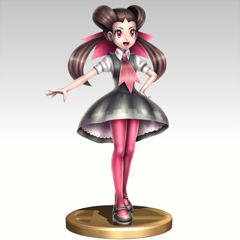 10s 1girl ascot brown_hair dress gonzarez gym_leader hair_ornament hand_on_hip long_hair mary_janes open_mouth pantyhose pokemon pokemon_(game) pokemon_oras red_eyes shoes super_smash_bros. tsutsuji_(pokemon) twintails