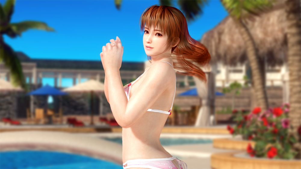 1girl 3d bikini breasts brown_eyes brown_hair dead_or_alive dead_or_alive_xtreme_3_fortune kasumi_(doa) official_art outdoors sky solo swimsuit