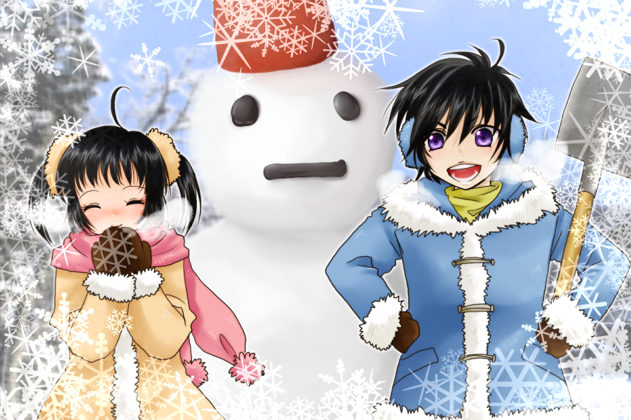 1boy 1girl ahoge black_hair blush brother_and_sister child closed_eyes earmuffs gloves hisui_hearts jacket kohak_hearts scarf short_hair shovel siblings smile snow snowman tales_of_(series) tales_of_hearts twintails violet_eyes worktool