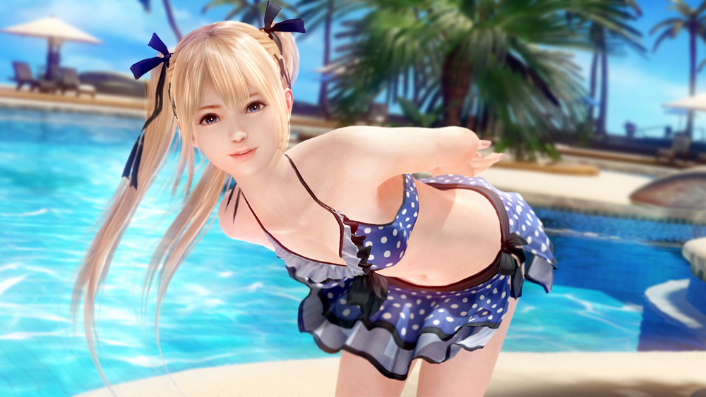 1girl 3d bikini blonde_hair blue_bikini blue_eyes dead_or_alive dead_or_alive_xtreme_3_fortune looking_at_viewer marie_rose outdoors palm_tree pool ribbon sky smile solo swimsuit tree