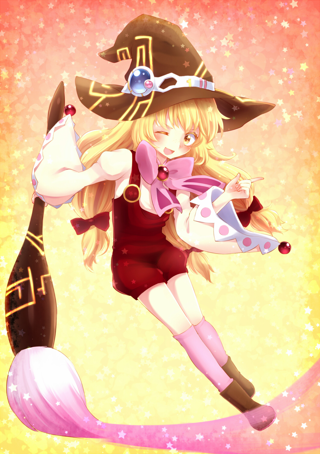 1girl beryl_benito blonde_hair blush boots brown_eyes brush freckles hat long_hair one_eye_closed open_mouth ribbon tales_of_(series) tales_of_hearts thigh-highs wide_sleeves wink witch_hat