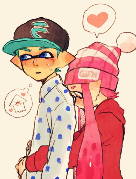 1boy 1girl blue_eyes blush heart hetero hug pink_eyes pixiv splatoon