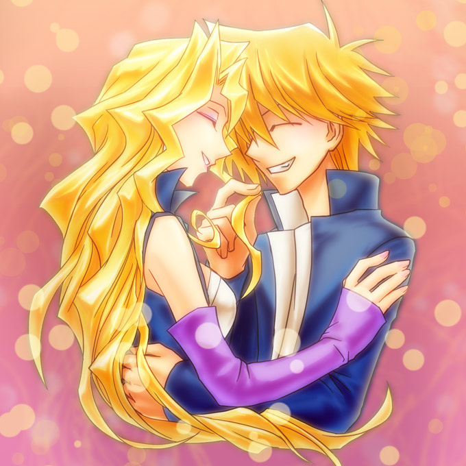 1boy 1girl bare_shoulders blonde_hair closed_eyes detached_sleeves eyeshadow gakuran hug jounouchi_katsuya kujaku_mai lb2_take lipstick long_hair makeup playing_with_hair school_uniform smile wavy_hair yu-gi-oh! yuu-gi-ou_duel_monsters