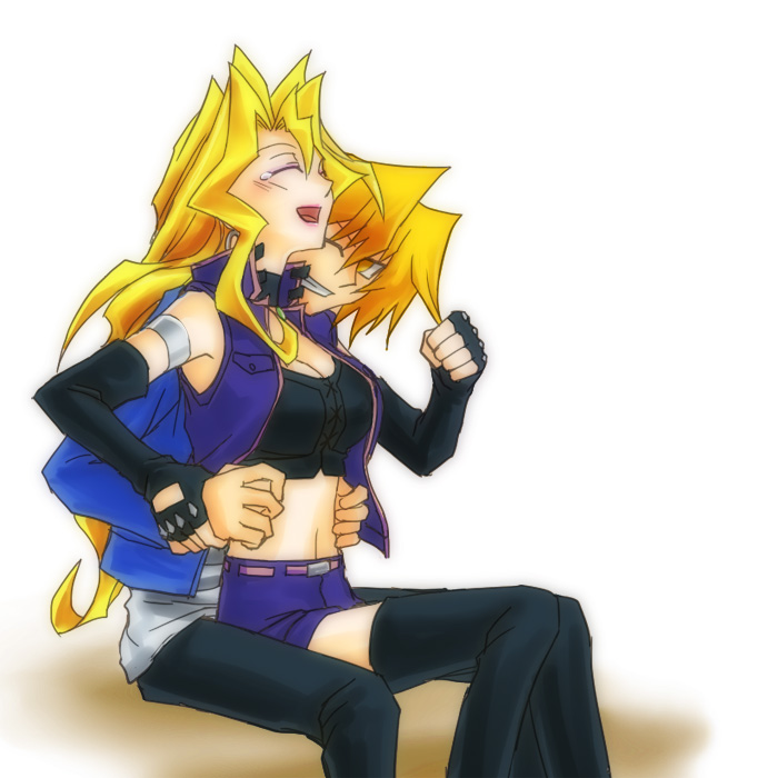 1boy 1girl blonde_hair breasts cleavage closed_eyes earrings elbow_gloves fingerless_gloves gloves jacket jewelry jounouchi_katsuya kujaku_mai laughing lb2_take lipstick makeup midriff open_clothes open_jacket sitting tears thigh-highs tickling wavy_hair yu-gi-oh! yuu-gi-ou_duel_monsters