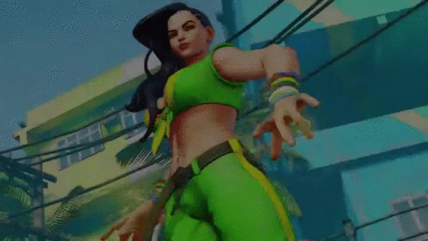 1girl 3d animated animated_gif ass asymmetrical_hair black_hair brazilian breasts cleavage cornrows front-tie_top large_breasts laura_matsuda lipstick makeup midriff navel street_fighter street_fighter_v