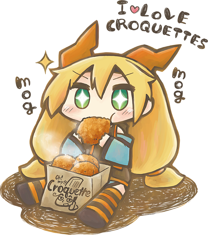 1girl bag blush chibi croquette eating english female food ootori_kohaku paper_bag personification simple_background sitting solo transparent_background unity-chan unity_(game_engine)