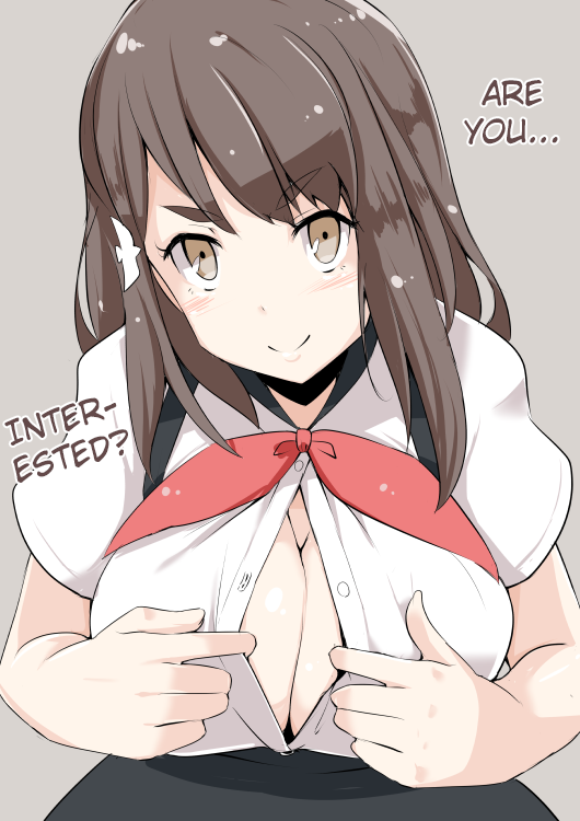 1girl blush breasts brown_eyes brown_hair check_translation cleavage female gatchaman gatchaman_crowds hair_ornament hard_translated ichinose_hajime kichi8 large_breasts long_hair looking_at_viewer open_clothes open_shirt school_uniform shirt simple_background skirt smile solo translated