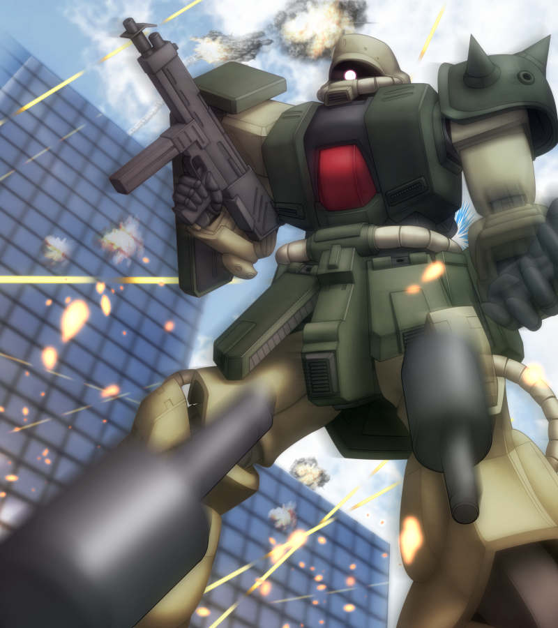 80s building explosion explosive grenade gun gundam gundam_0080 machine_gun mecha pinesea_(sankuri) sky weapon zaku zaku_ii zaku_ii_fz_kai