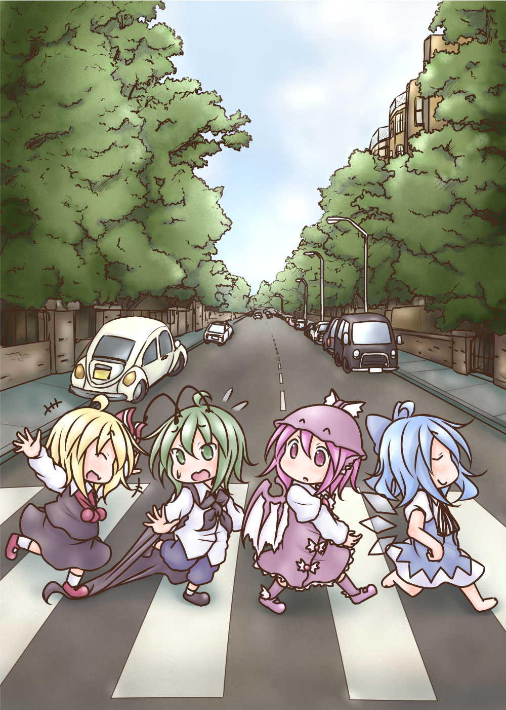 +++ 4girls abbey_road ahoge antenna_hair barefoot bird_wings black_cape black_skirt black_vest blonde_hair blue_dress blue_hair blue_shorts brick_wall cape car chibi cirno closed_eyes commentary_request crosswalk day dress eyebrows_visible_through_hair eyebrows_visible_through_hat facing_another flying_sweatdrops green_eyes green_hair ground_vehicle hair_between_eyes hands_on_hips hat head_tilt highres kneehighs lamppost lavender_dress lavender_footwear lavender_legwear long_sleeves looking_at_another looking_back motor_vehicle multiple_girls mystia_lorelei open_mouth outdoors outstretched_arms pink_eyes pink_hair puffy_short_sleeves puffy_sleeves red_footwear red_neckwear road rumia shirt short_hair short_sleeves shorts sidewalk skirt skirt_set smile spread_arms standing standing_on_one_leg stepping_on_clothes takanoru team_9 the_beatles touhou untucked_shirt vanishing_point vest volkswagen_beetle walking white_legwear white_shirt wings wriggle_nightbug