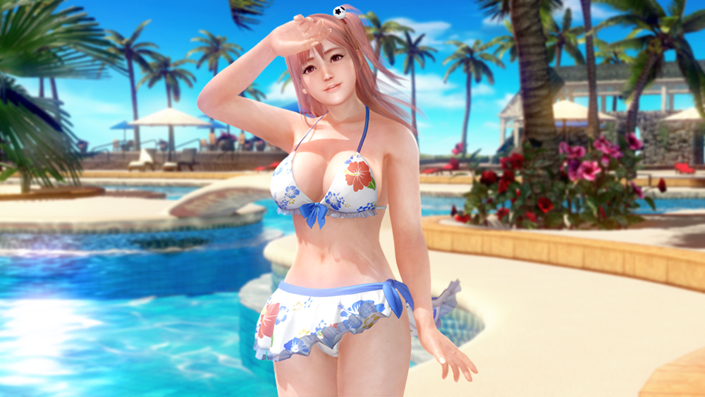 1girl 3d bikini breasts dead_or_alive dead_or_alive_5 female honoka_(doa) large_breasts pink_hair pool smile solo swimsuit tecmo tree