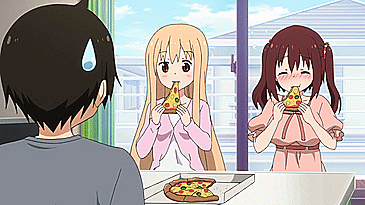 1boy 2girls animated animated_gif doma_taihei doma_umaru ebina_nana food himouto!_umaru-chan multiple_girls pizza