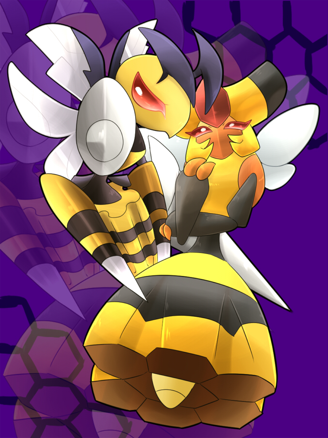 1girl alternate_form bee beedrill couple insect_wings looking_at_viewer mega_beedrill mega_pokemon nintendo no_humans pointing pokemon purple_background ragujuka_(aachi) red_eyes serious smile sting vespiquen wings zoom_layer