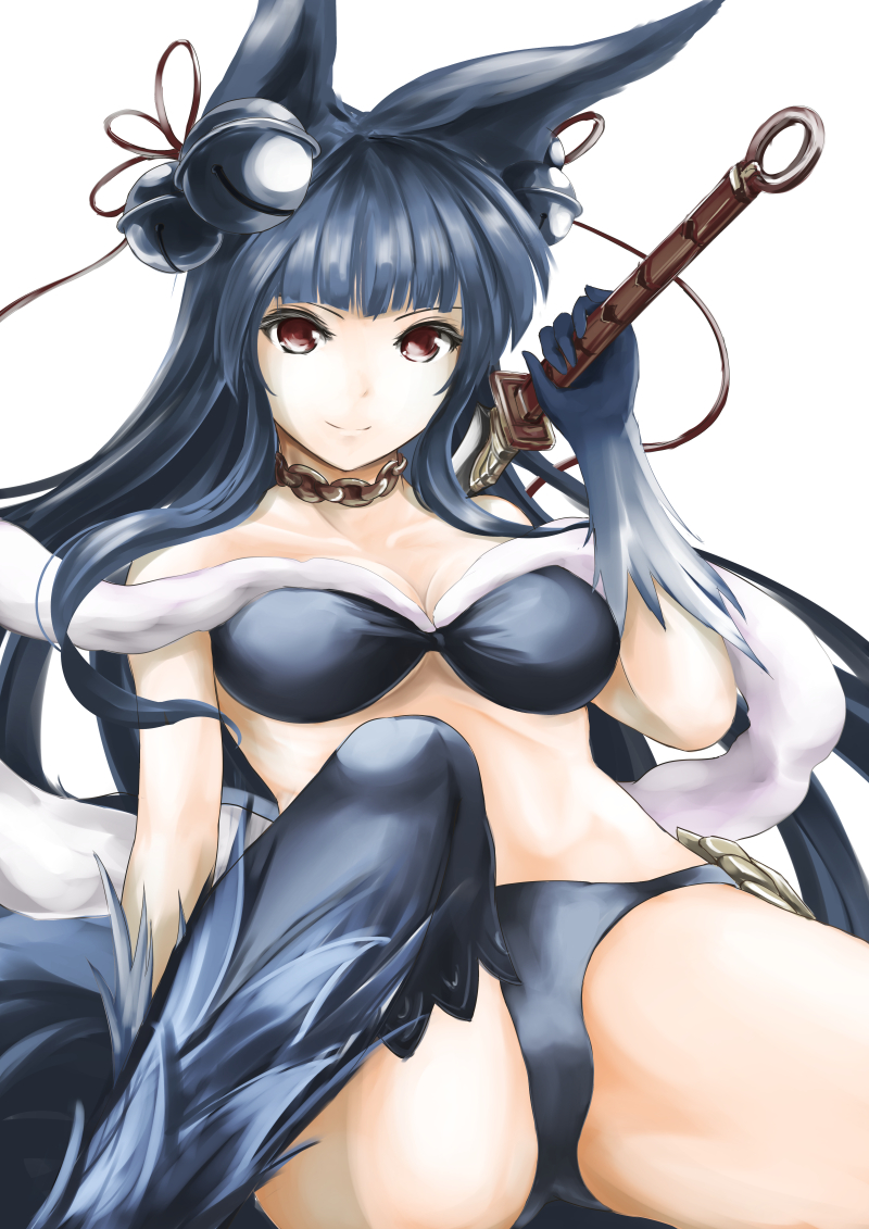 1girl animal_ears bell bikini black_bikini blue_hair chain_necklace erun_(granblue_fantasy) fox_ears gloves granblue_fantasy hagoromo hair_bell hair_ornament kz_nagomiya long_hair looking_at_viewer over_shoulder red_eyes shawl simple_background sitting smile solo swimsuit sword sword_over_shoulder thigh-highs weapon weapon_over_shoulder white_background yuel_(granblue_fantasy)