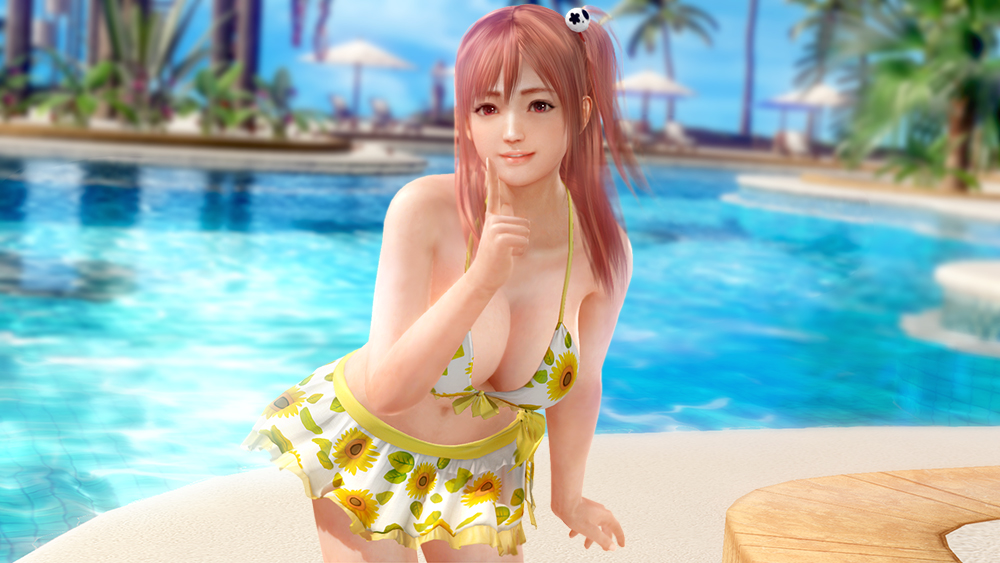 3d bikini breasts dead_or_alive dead_or_alive_5 dead_or_alive_xtreme_beach_volleyball honoka_(doa) large_breasts pink_hair pointing pool smile swimsuit tecmo