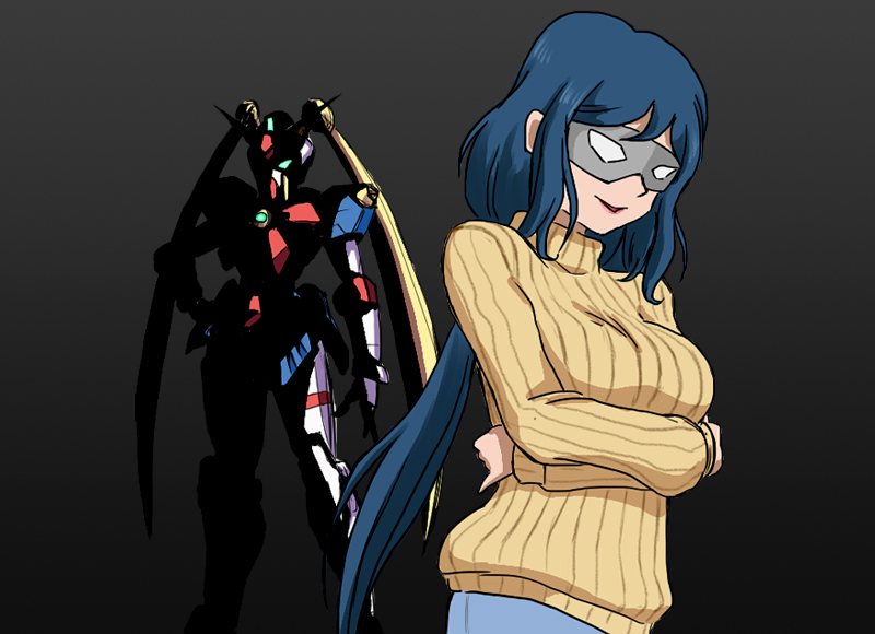 1girl artist_request blue_hair breasts crossed_arms g_gundam gundam gundam_build_fighters iori_rinko long_hair mask mecha nobel_gundam ponytail sweater