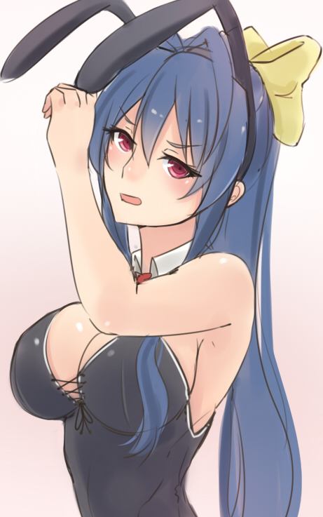 1girl animal_ears antenna_hair bare_shoulders blazblue blazblue_remix_heart blue_hair blush bow breasts bunny_girl bunnysuit cleavage detached_collar female frown genderswap hair_bow hair_ribbon hand_on_headwear kubo_(artist) large_breasts long_hair mai_natsume ponytail rabbit_ears red_eyes ribbon simple_background solo