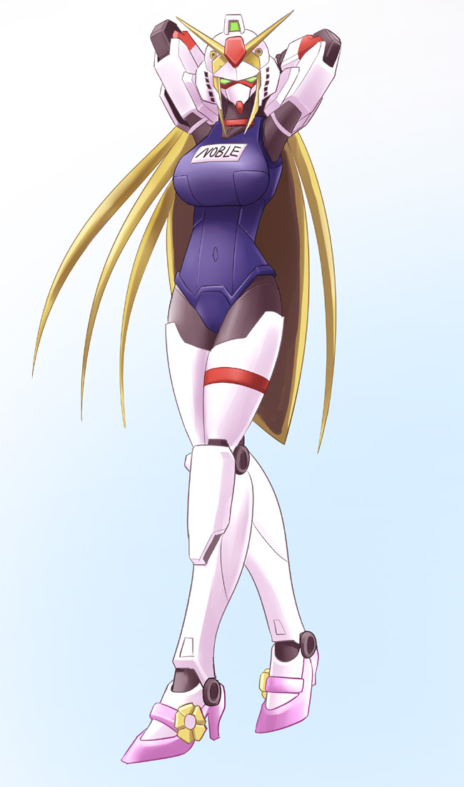 arms_behind_head breasts g_gundam gundam legs_crossed mumei_heishi nobel_gundam standing swimsuit very_long_hair