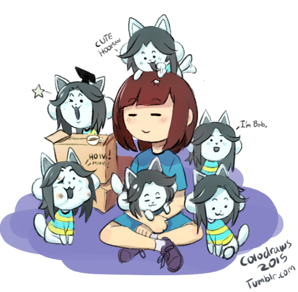 :3 androgynous artist_name blush_stickers brown_hair closed_eyes colo_(nagrolaz) cup english frisk_(undertale) hat hives indian_style mortarboard mug one_eye_closed shirt short_hair sitting smile star striped_shirt temmie undertale