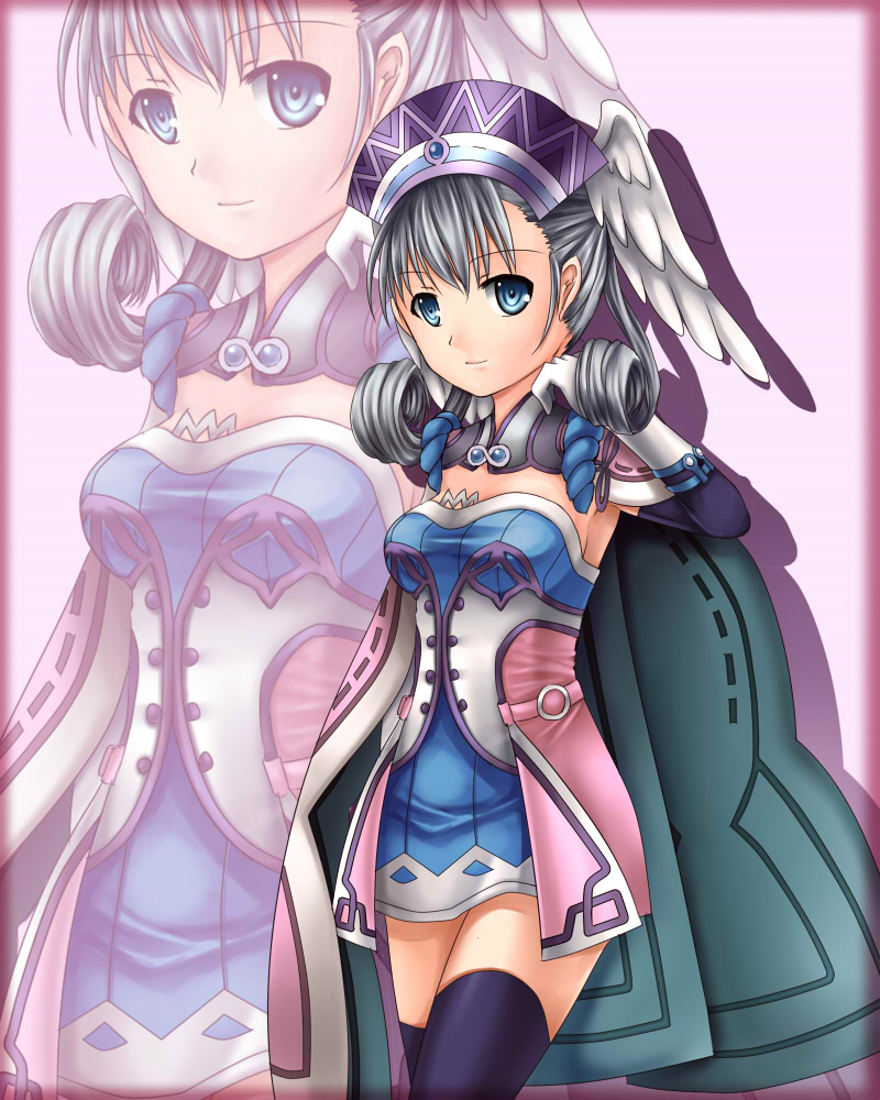 1girl blue_eyes cape curly_hair dress elbow_gloves gloves hat head_wings melia silver_hair thigh-highs xeno_(series) xenoblade yusei_yui zettai_ryouiki