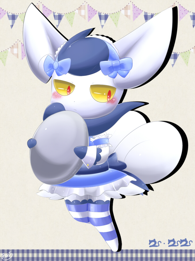 10s alternate_costume blush bow cat dress enmaided female maid meowstic no_humans pokemon pokemon_(game) pokemon_xy ragujuka_(aachi) tray wrist_cuffs