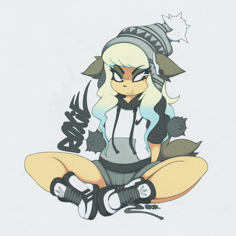 1girl adidas beanie blonde_hair copyright_request dog eyeshadow female flat_chest full_body furry graffiti hat hood hoodie makeup mascara nike roxie_pepper shoes shorts simple_background sitting smutbunny solo thick_thighs thighs urban white_background