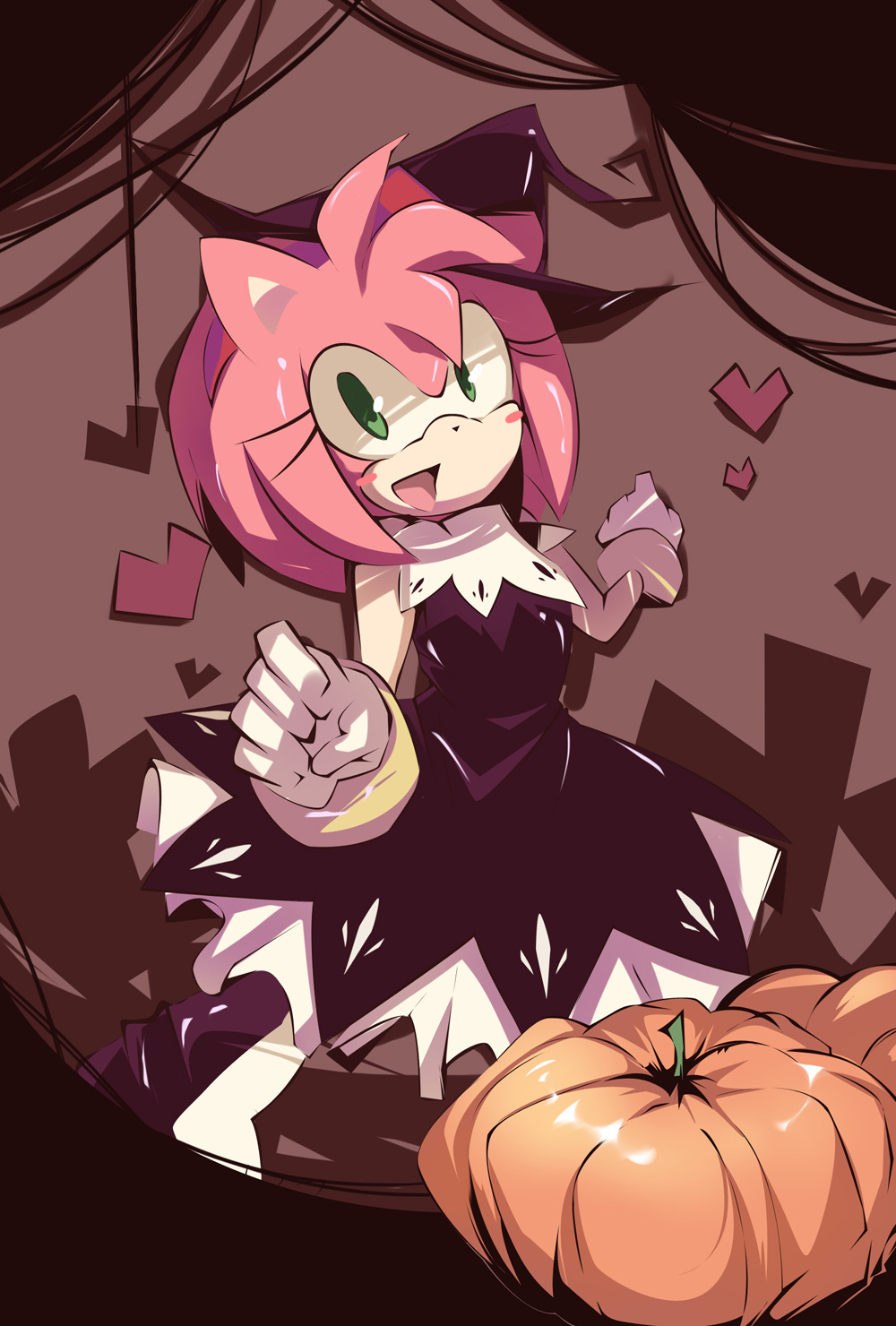 1girl alternate_costume amy_rose blush_stickers female furry gloves green_eyes hairband halloween hat heart msg01 no_humans open_mouth pumpkin sega solo sonic_the_hedgehog witch_hat