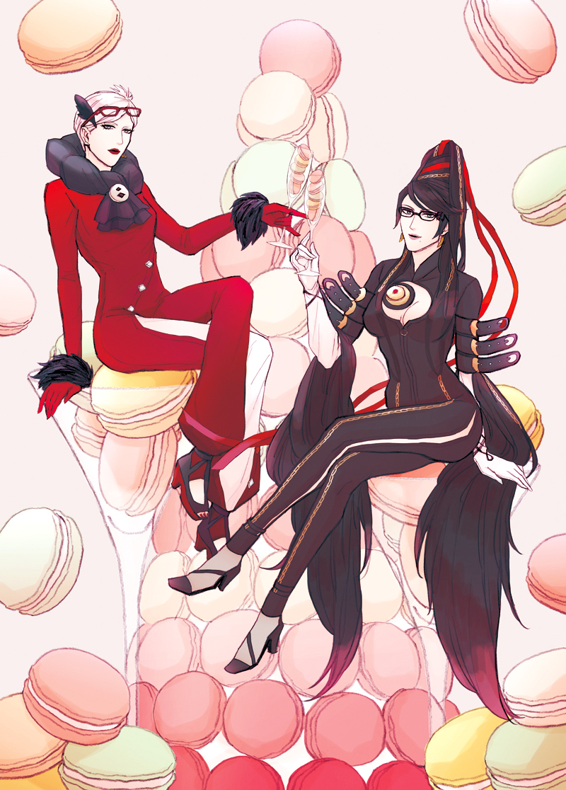 2girls aontsu bayonetta bayonetta_(character) bodysuit breasts cleavage feather food glasses glasses_on_head jeanne_(bayonetta) jewelry legs_crossed lipstick looking_at_viewer makeup mole multiple_girls pendant ribbon short_hair silver_hair sitting