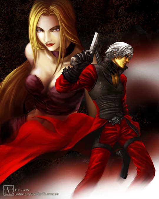 1boy 1girl blonde_hair breasts cleavage couple dante_(devil_may_cry) devil_may_cry devil_may_cry_2 sword trish_(devil_may_cry) weapon