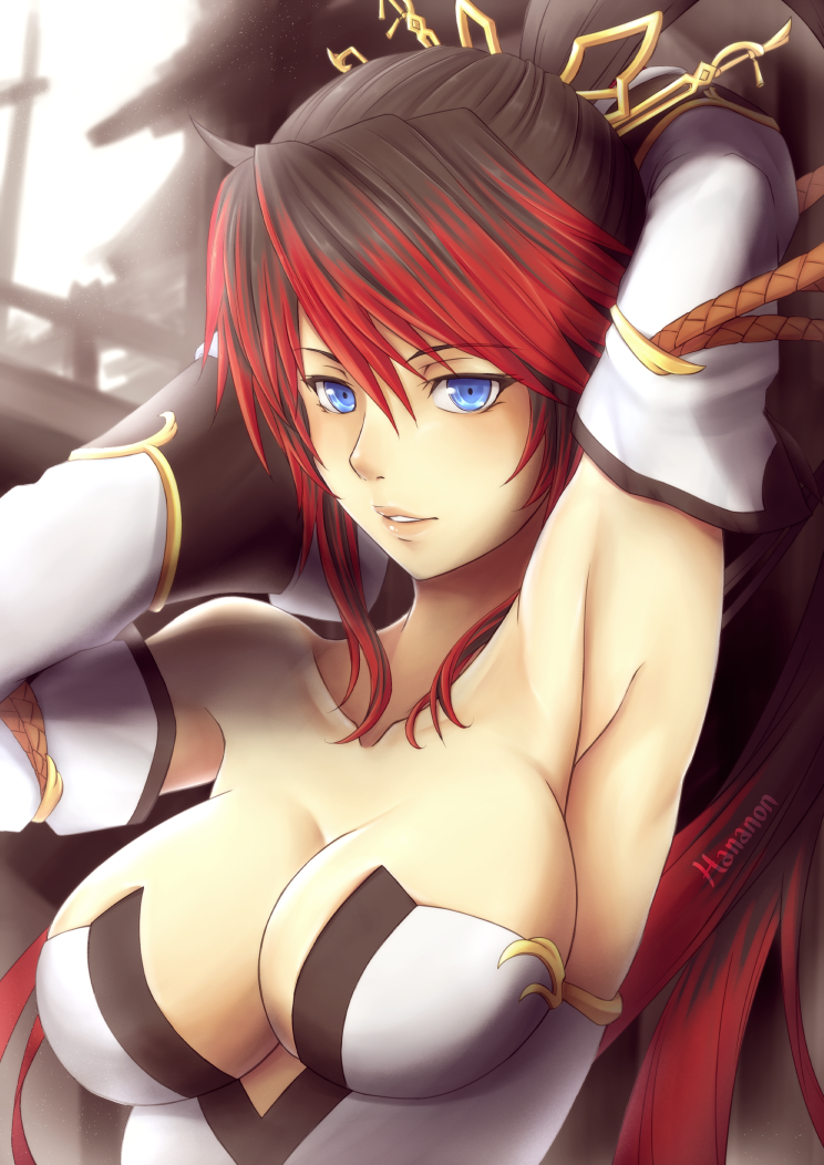 1girl armpits arms_up artist_name bare_shoulders blue_eyes breasts brown_hair cleavage collarbone detached_sleeves female hair_ornament hananon large_breasts lips long_hair multicolored_hair nanbu_kaguya parted_lips ponytail redhead showing_armpits solo super_robot_wars super_robot_wars_og_saga_mugen_no_frontier two-tone_hair