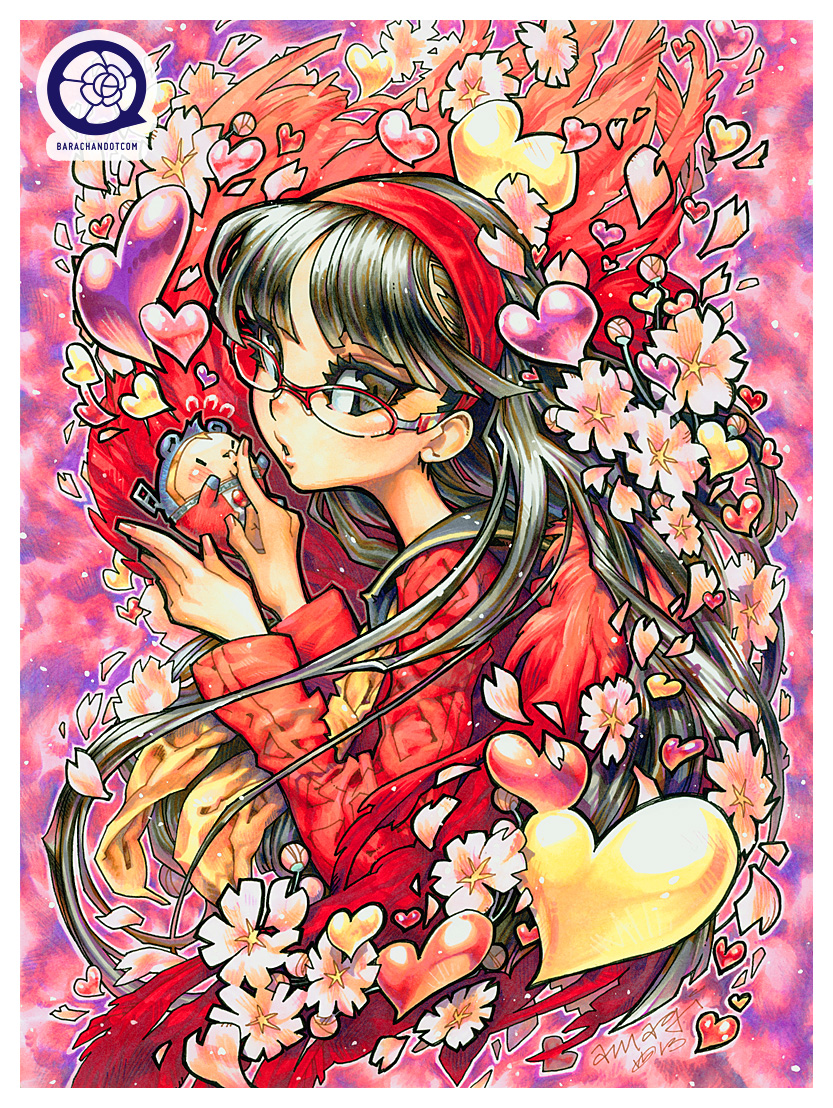 1girl amagi_yukiko barachan black_hair cherry_blossoms flower glasses hairband heart kuma_(persona_4) looking_at_viewer persona persona_4 sailor_collar sweater