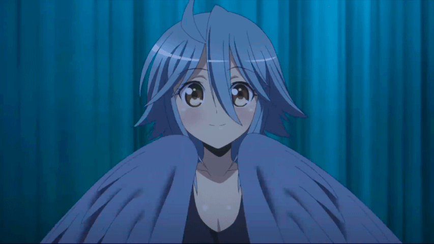 1girl animated animated_gif blue_hair harpy monster_girl monster_musume_no_iru_nichijou papi_(monster_musume) smile solo wings yawning yellow_eyes