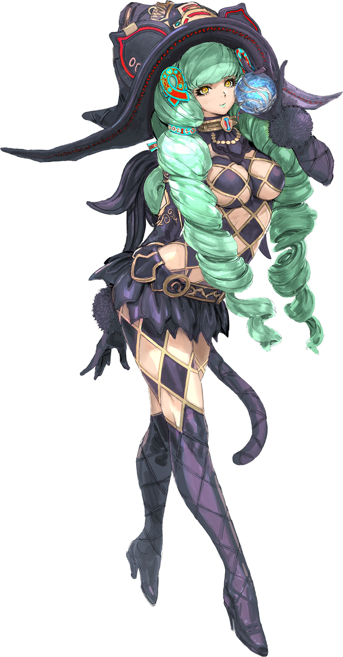 1girl belt black_boots boots breasts drill_hair eyelashes fiore_burnelli full_body green_hair hat high_heel_boots high_heels holding lips lipstick looking_at_viewer makeup microskirt official_art revealing_clothes sega skirt solo square_enix standing star_ocean star_ocean_integrity_and_faithlessness tail very_long_hair witch_hat yellow_eyes