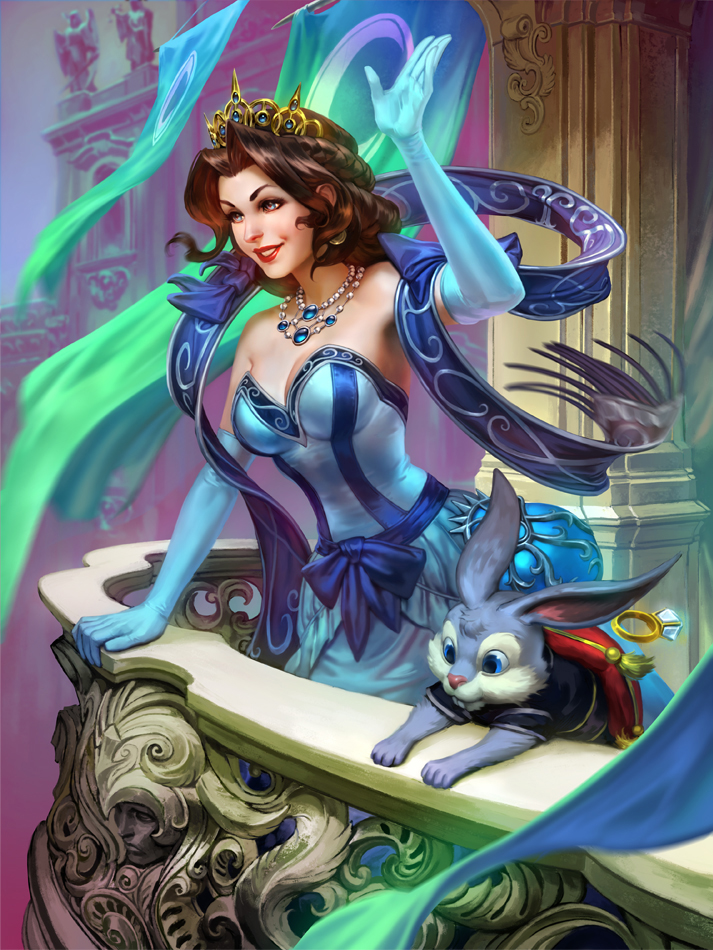1girl alternate_costume bare_shoulders blue_eyes bow breasts brown_hair chang'e_(smite) cleavage dress earrings flag gloves hair_bun jewelry lipstick makeup necklace official_art princess rabbit ring simon_eckert smite solo teeth tiara