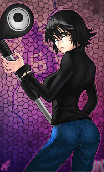 1girl ass back black_hair brown_eyes chains denim dingoo glasses holding hunter_x_hunter jeans long_sleeves looking_at_viewer looking_back messy_hair pants shirt shizuku_(hunter_x_hunter) short_hair solo standing turtleneck vacuum_cleaner