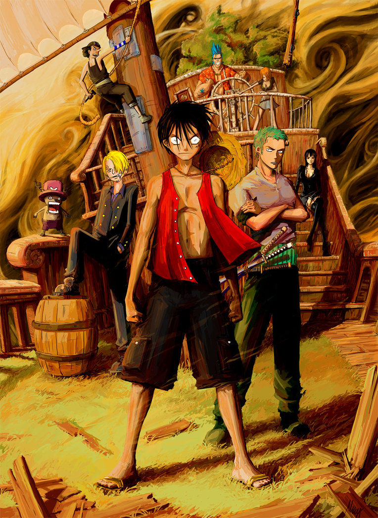 2girls 6+boys blonde_hair breasts cigarette cleavage earrings facial_hair formal franky green_hair grin hat jewelry large_breasts looking_at_viewer monkey_d_luffy multiple_boys multiple_girls nami_(one_piece) nico_robin nose one_piece open_mouth orange_hair roronoa_zoro sanji scar smile stitches straw_hat suit sunglasses sunglasses_on_head tony_tony_chopper usopp