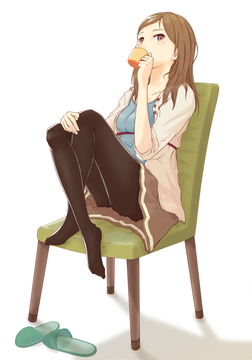 1girl bangs black_legwear blue_shirt brown_eyes brown_hair chair cup drinking jacket legs_crossed long_hair looking_at_viewer no_shoes open_clothes open_jacket original pleated_skirt sandals shadow shirt simple_background sitting skirt slippers solo solvalou swept_bangs thigh-highs white_background white_jacket