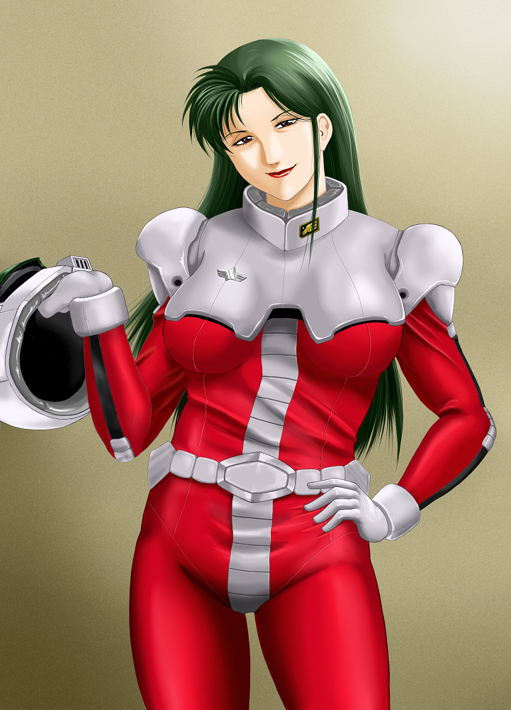 1girl 90s artist_request cima_garahau green_hair gundam gundam_0083 hand_on_hip helmet lipstick long_hair makeup pilot_suit