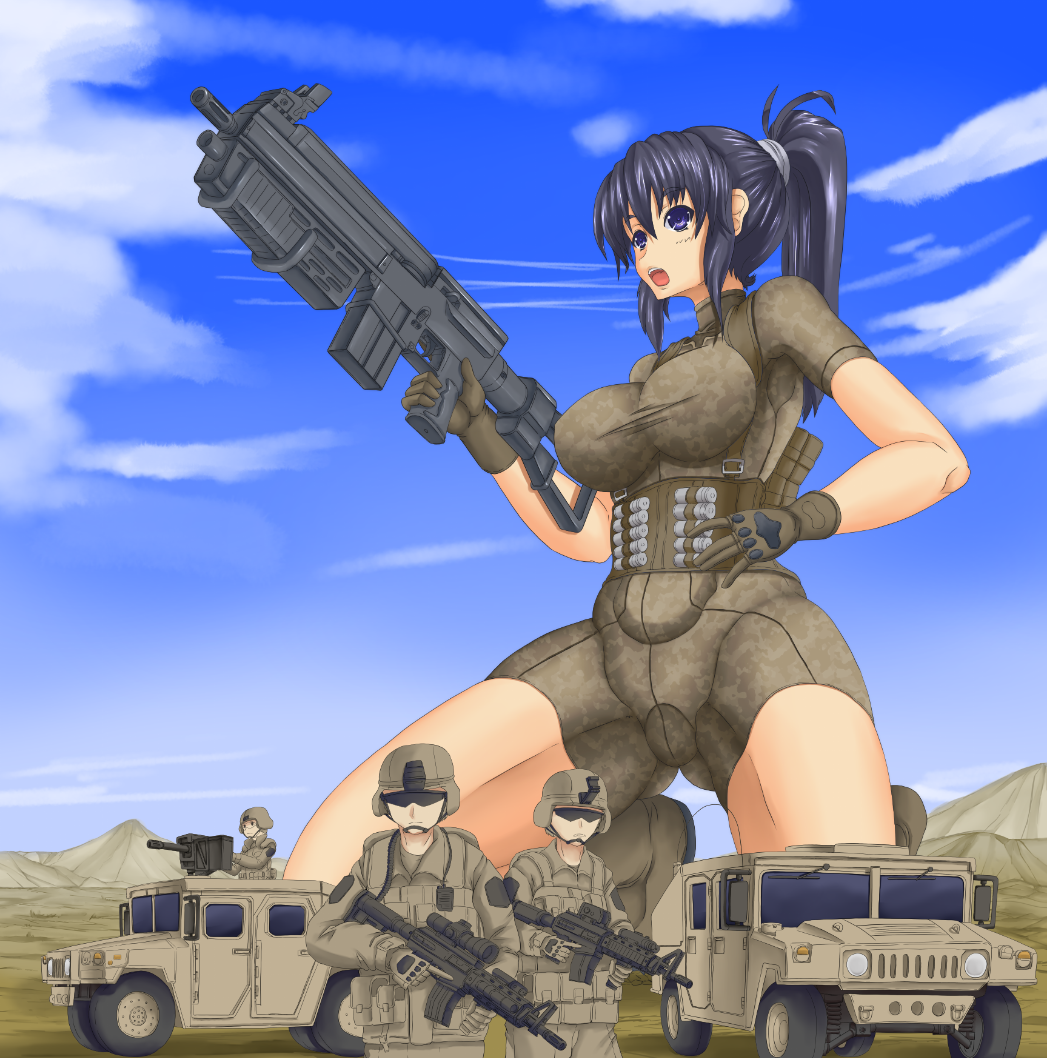 1girl desert giantess gun military weapon