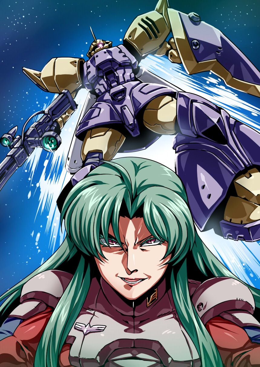 1girl 90s beam_rifle cima_garahau energy_gun gelgoog_marine_cima_custom green_hair gun gundam gundam_0083 long_hair mecha pilot_suit shield space tsuki_wani weapon