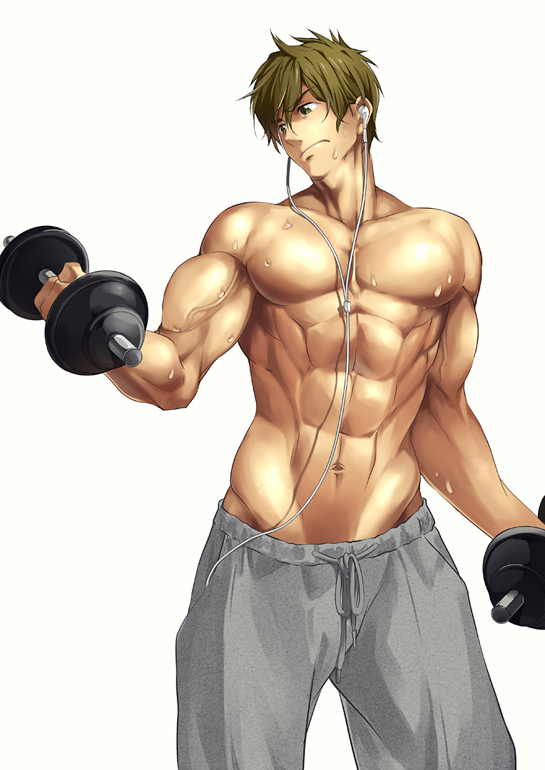 1boy 8_(yamalu) abs brown_hair free! green_eyes headphones male_focus muscle pecs shirtless solo sweat sweatpants tachibana_makoto weights