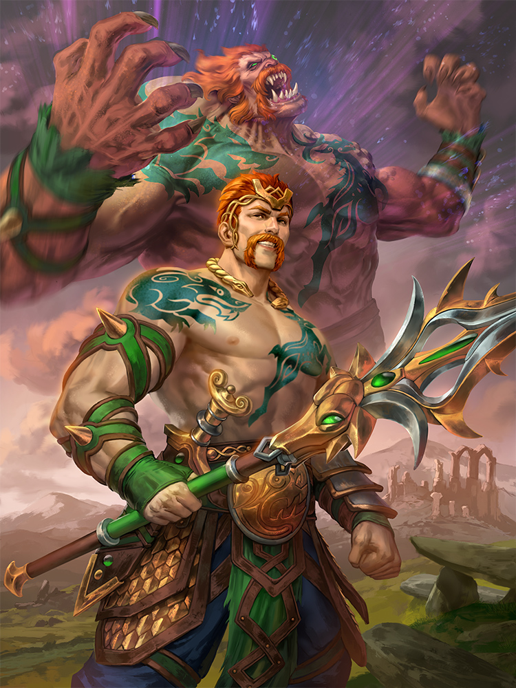 1boy alternate_costume circlet clouds cu_chulainn_(smite) facial_hair fangs green_eyes jewelry male_focus mustache necklace official_art open_mouth orange_hair polearm rock shirtless simon_eckert sky smite solo spear sword tattoo teeth weapon