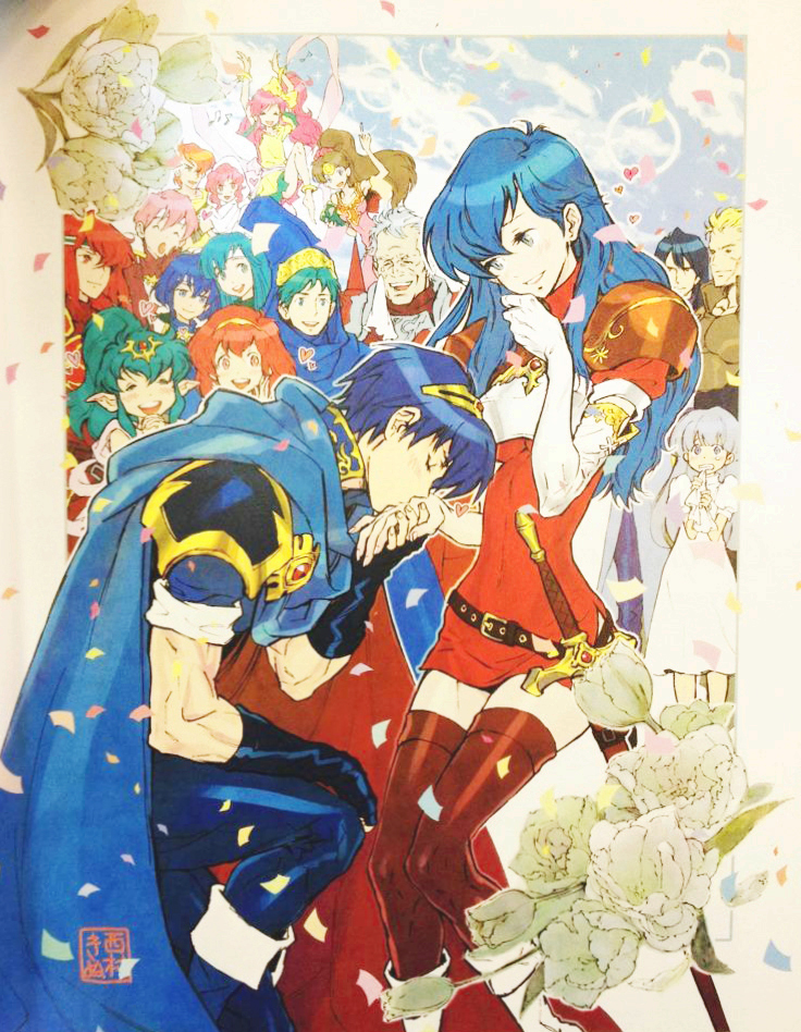 armor blue_hair blush breasts cape closed_eyes female fire_emblem green_hair long_hair marth multiple_boys multiple_girls nintendo nishimura_kinu official_art ponytail sheeda smile sword tiki