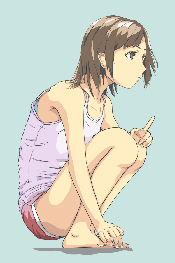 1girl bangs barefoot blue_background brown_eyes brown_hair collarbone hands_on_feet looking_to_the_side simple_background solo solvalou squatting tank_top thighs