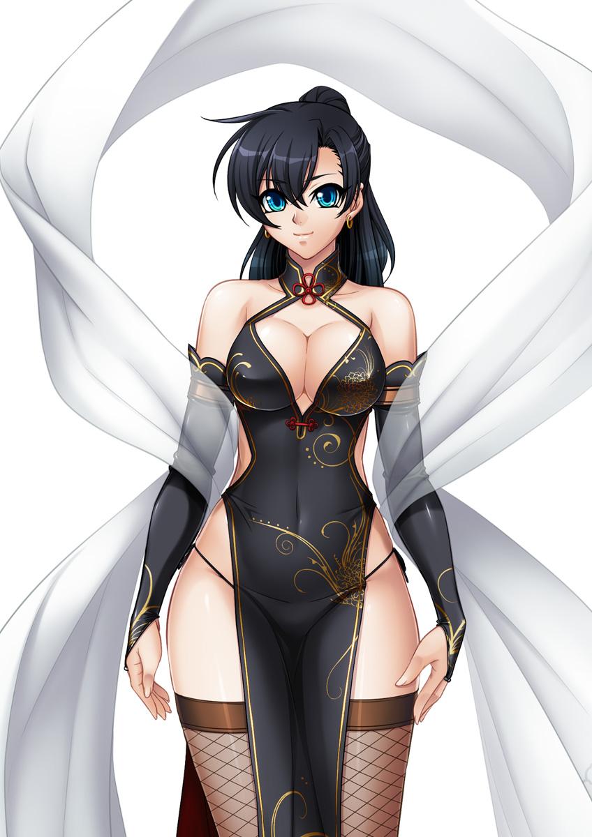 1girl arms_at_sides bare_shoulders black_dress black_hair blue_eyes breasts bridal_gauntlets china_dress chinadress chinese_clothes cleavage cleavage_cutout closed_mouth covered_navel dress earrings feet_out_of_frame female fishnet_legwear fishnet_thighhighs fishnets fuuma_tokiko hair_between_eyes highres hoop_earrings jewelry kagami_hirotaka large_breasts legs long_hair looking_at_viewer ponytail revealing_clothes see-through shiny shiny_skin simple_background smile solo standing taimanin_asagi taimanin_asagi_battle_arena white_background wide_hips