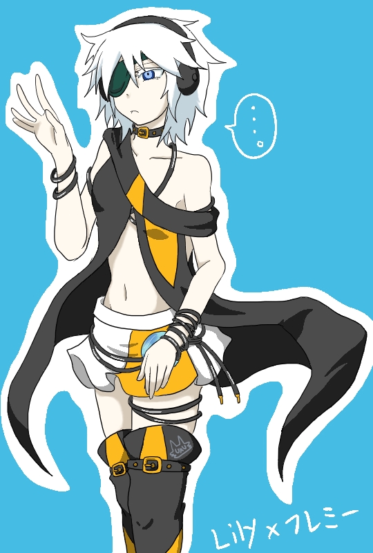 1girl bare_shoulders blue_eyes boots bracelet breasts coat cosplay eyepatch flamie_speeddraw jewelry lily_(vocaloid) navel rokka_no_yuusha short_hair skirt thigh_boots vocaloid white_hair