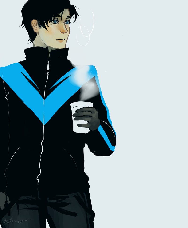 1boy adapted_costume batman_(series) black_gloves black_hair blue_eyes cup dc_comics dick_grayson gloves jacket looking_to_the_side male_focus nightwing simple_background solo standing steam
