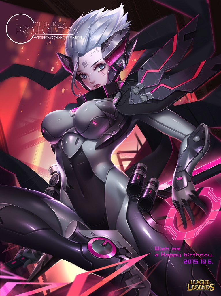1girl alternate_costume alternate_hair_color alternate_hairstyle bodysuit citemer cyborg fiora_laurent grey_hair league_of_legends looking_at_viewer power_armor solo